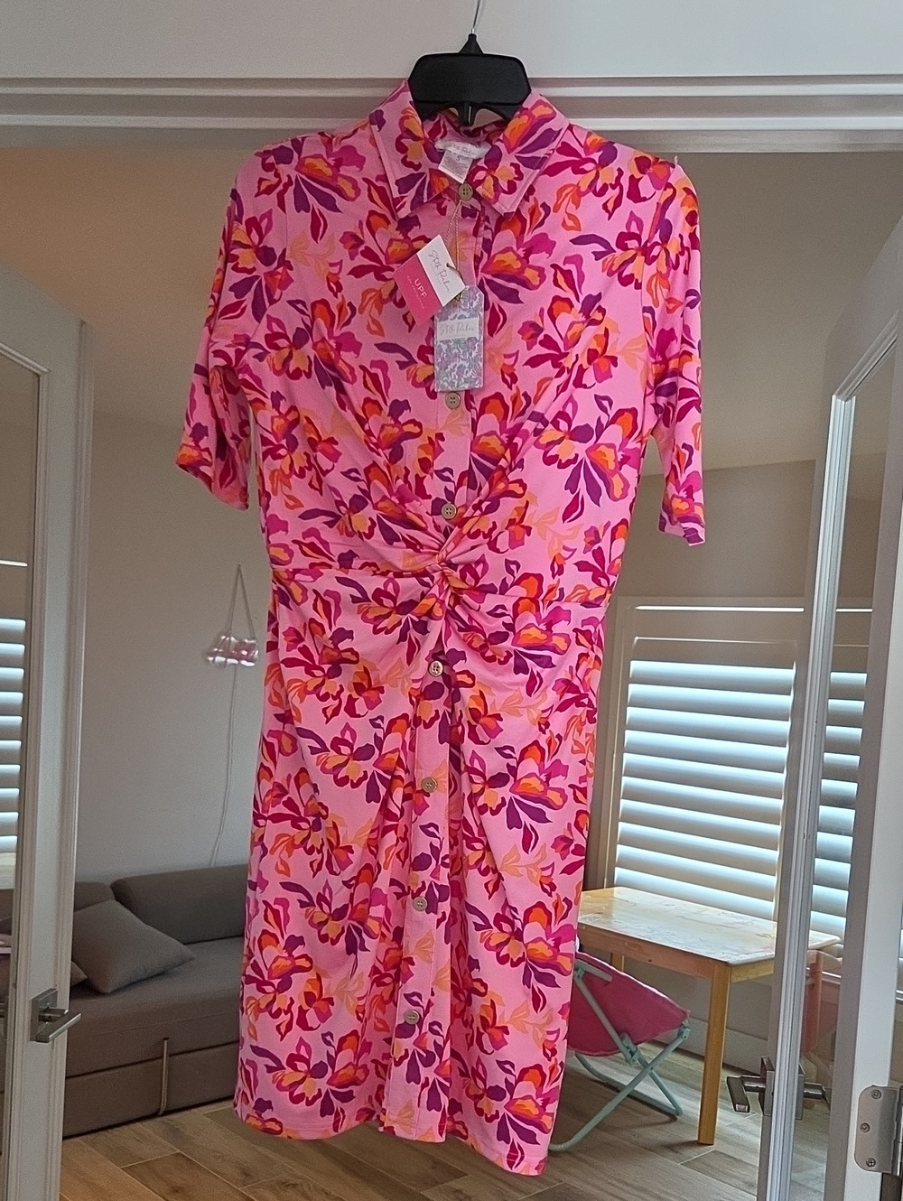 Stella Parker Pink Floral Button-Front UPF Twist Dress